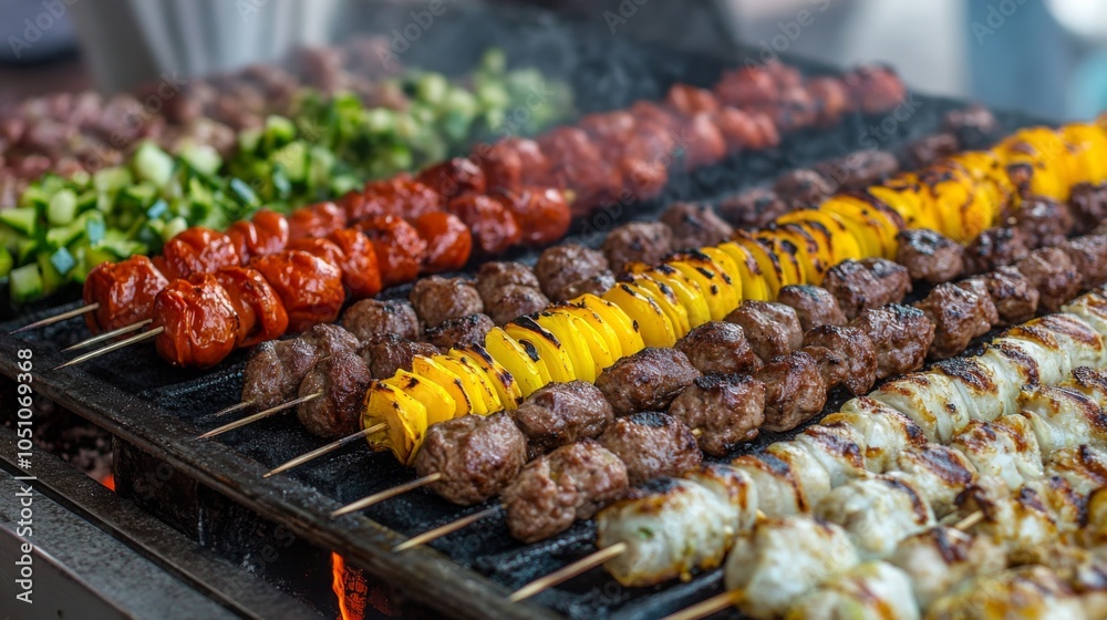 Fresh Eastern Kebabs on Outdoor Grill with Vibrant Colors Fresh Eastern Kebabs on Outdoor Grill with Vibrant Colors