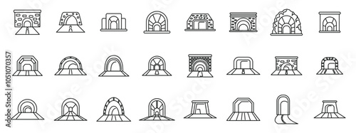 Arch tunnel icons set. Set of tunnel icons representing various entrances and exits for roads and railways, showcasing different architectural styles and constructions