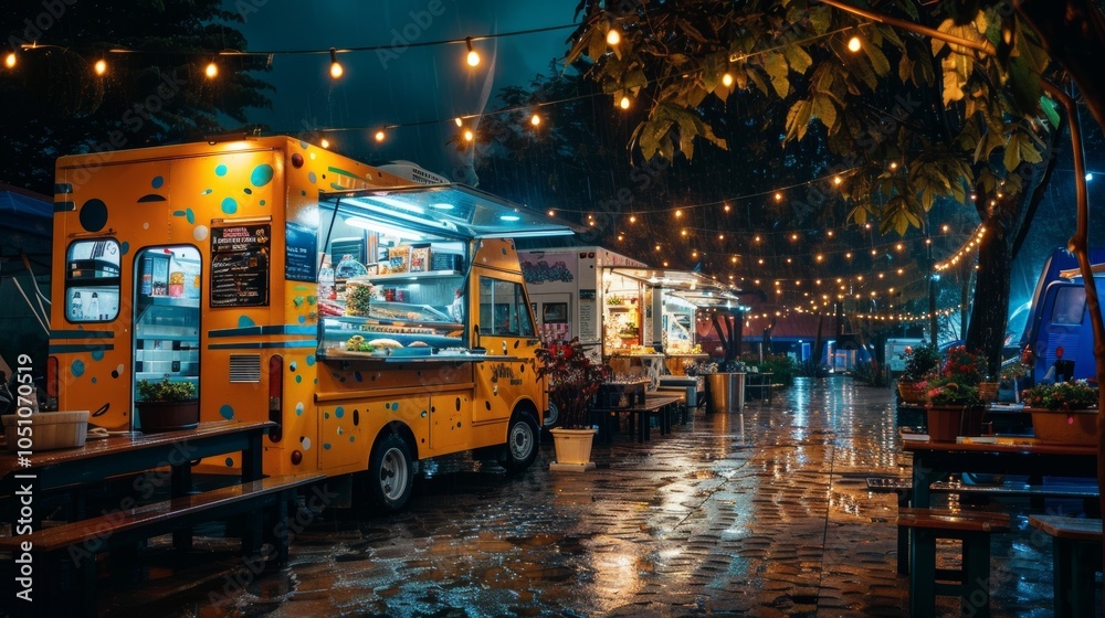 Obraz premium Food Trucks Under String Lights Rainy Night Market