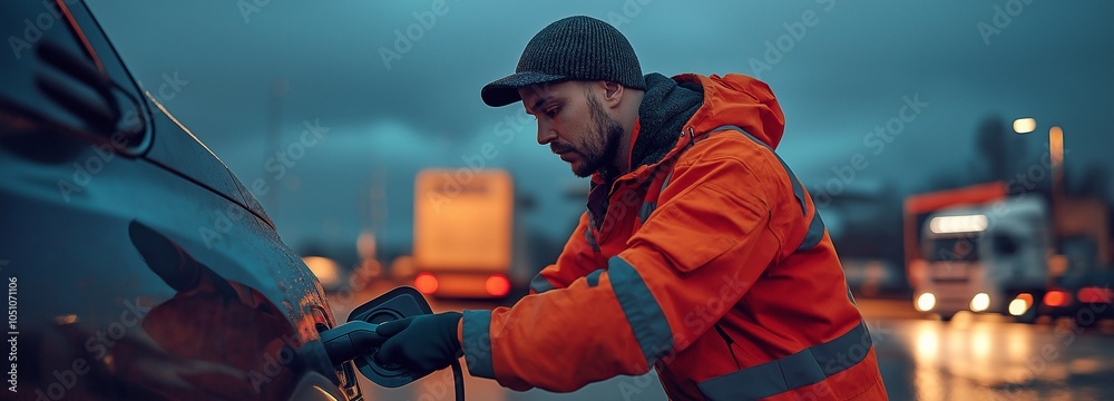 A mechanic at the truck stop parking lot is working on an EV charger.. A mechanic at the truck stop parking lot is working on an EV charger..