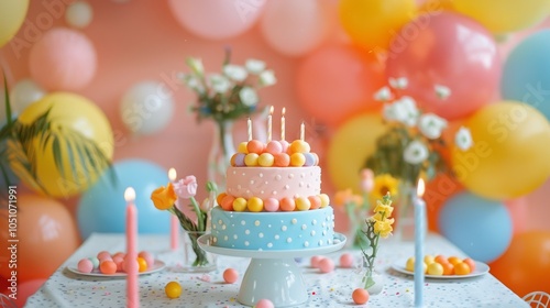 Birthday Party Cake with Balloons and Candles