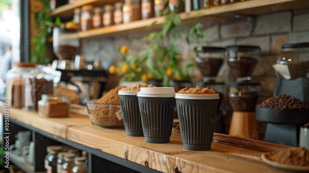 Fototapeta premium Three Paper Cups of Coffee with Brown Sugar on Countertop in Coffee Shop