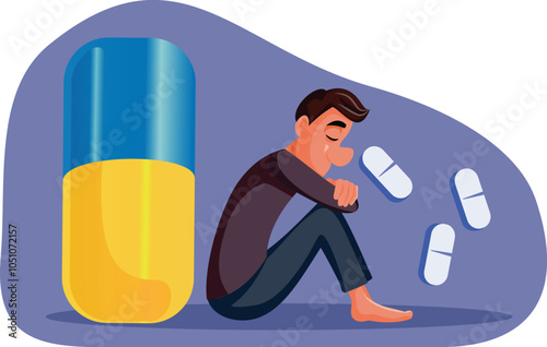 Desperate Man Suffering from Drug Addiction Vector Conceptual Illustration. Unhappy addict feeling remorseful and depressed 
