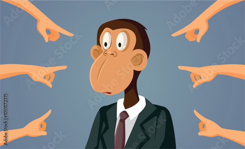People Pointing to a Monkey in a Business Suit Vector Cartoon. Workers protesting bad management pointing fingers 
