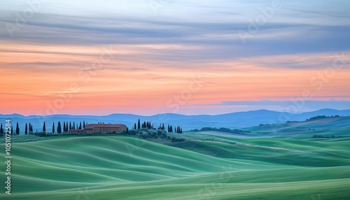 Rolling Hills Landscape with a House at Sunrise