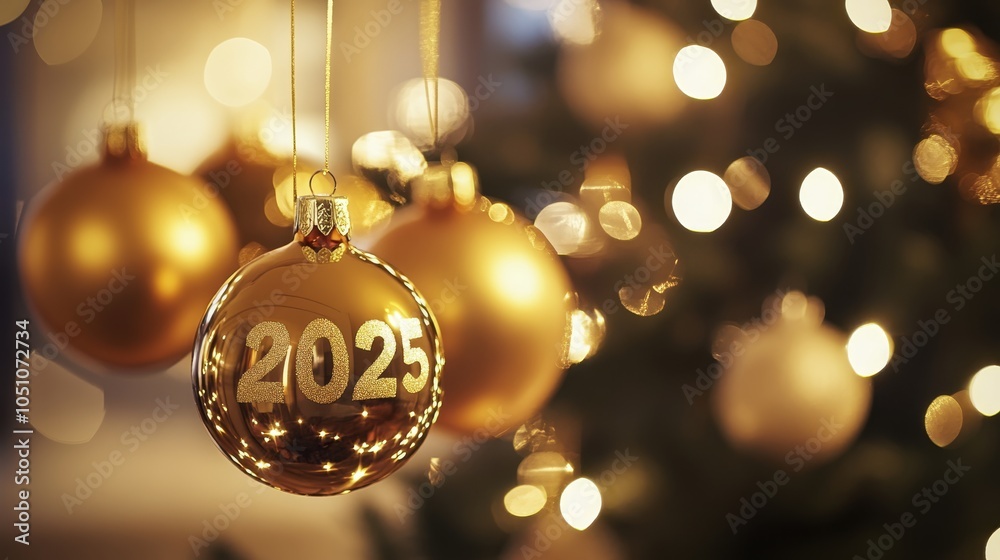 Fototapeta premium Christmas background. New Year 2025. Gold Christmas ornaments with year 2025 number