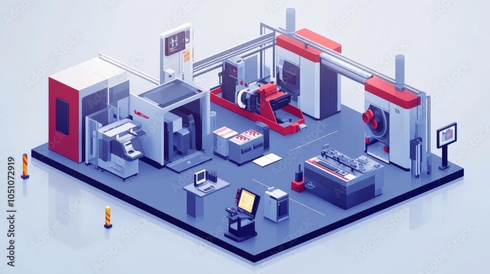 A computer generated image of a factory floor with a computer monitor on a desk A computer generated image of a factory floor with a computer monitor on a desk