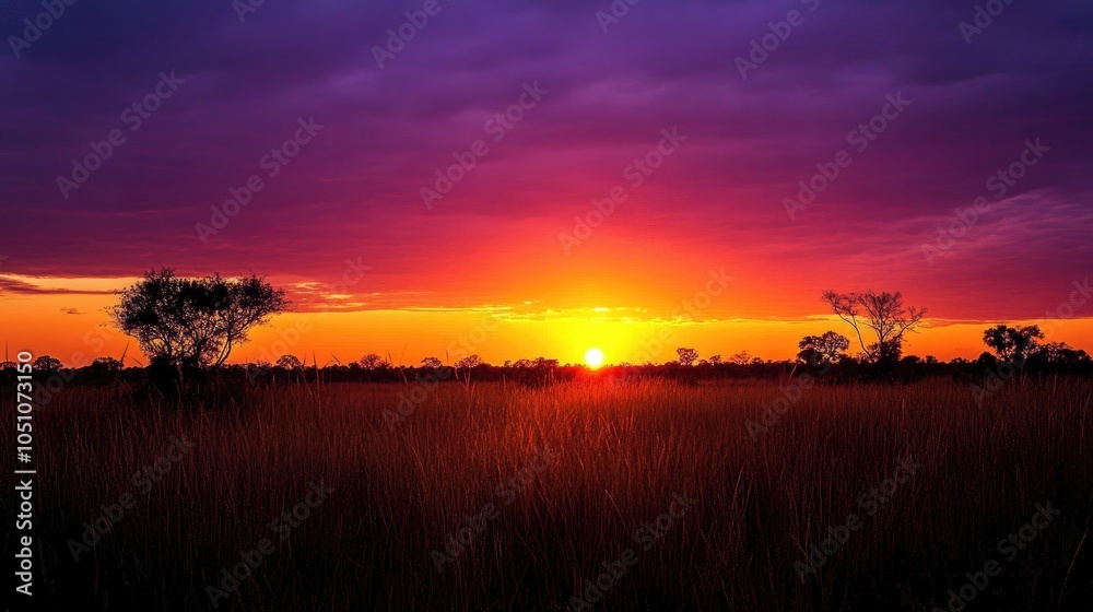 Obraz premium Vibrant Sunset Over Grassland with Silhouette Trees