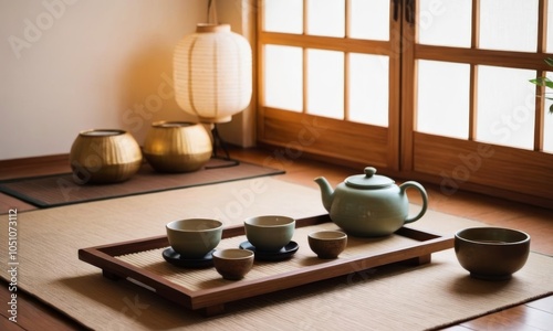 Wallpaper Mural Traditional Japanese tea ceremony setting with teapot, cups, and a lantern Torontodigital.ca