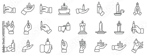 Hand holding candle icons set. People holding burning candles, offering prayers, and using various candle holders in acts of remembrance, hope, or celebration