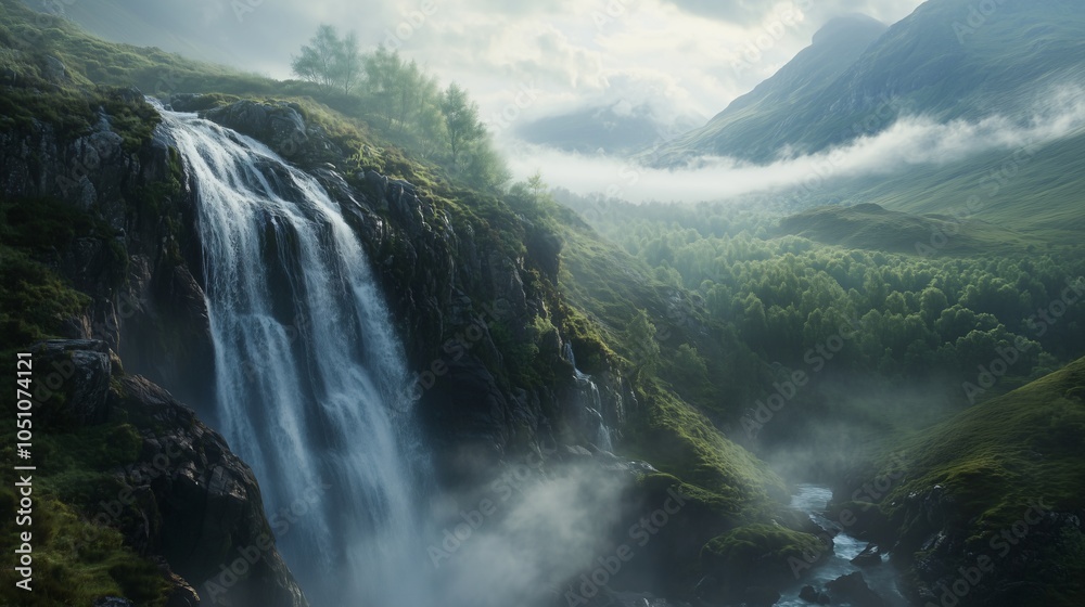 A stunning panorama of a waterfall cascading down rocky cliffs in a lush green forest, surrounded by majestic mountains and a clear blue sky A stunning panorama of a waterfall cascading down rocky cliffs in a lush green forest, surrounded by majestic mountains and a clear blue sky