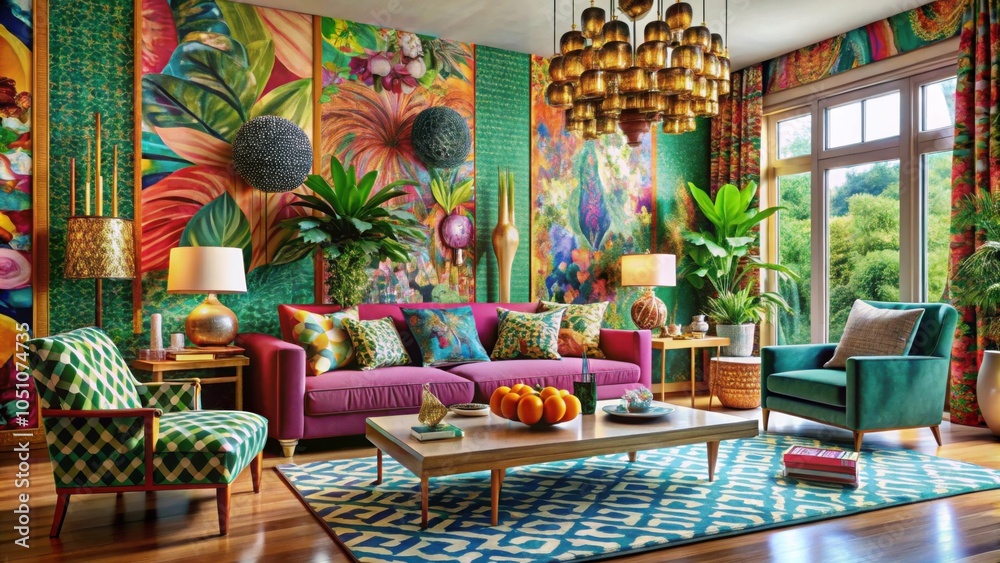 Fototapeta premium Modern maximalist living room with bold patterns, vibrant colors, and decorative elements , luxury, trendy, interior design