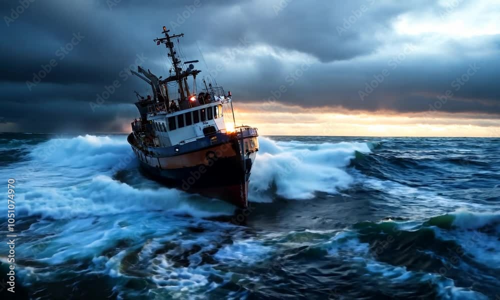 A tugboat battles rough seas under dramatic skies at sunset. A tugboat battles rough seas under dramatic skies at sunset.