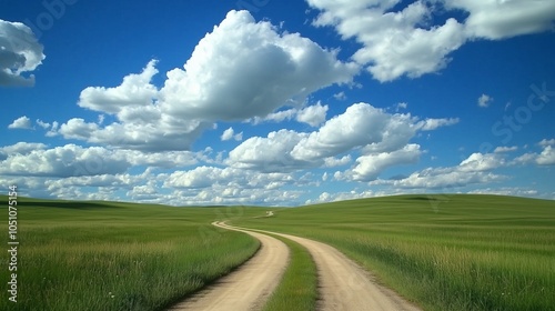 Country Road in a Green Summer Field with Blue Sky and Clouds