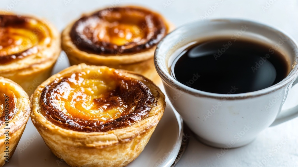 Pastel de Nata with Espresso Close-Up Shot Pastel de Nata with Espresso Close-Up Shot