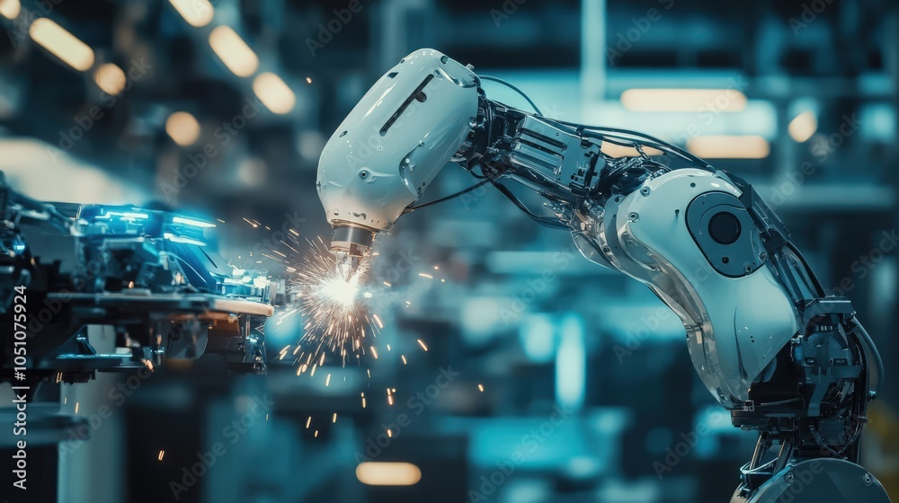 A robot is working on a piece of machinery A robot is working on a piece of machinery