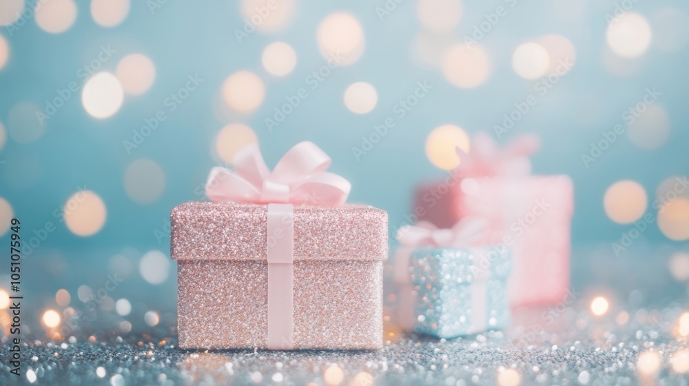 Fototapeta premium Glittering gift boxes in soft pastel colors are arranged beautifully, glowing amid a dreamy background of festive, blurred lights