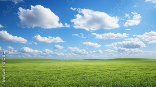 Sunny green field with blue sky and clouds on a summer day