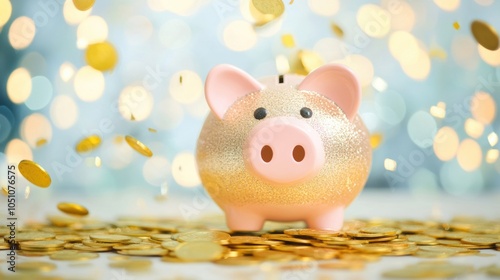 A charming piggy bank stands amidst a flurry of golden coins cascading around it, creating a festive atmosphere of savings and wealth