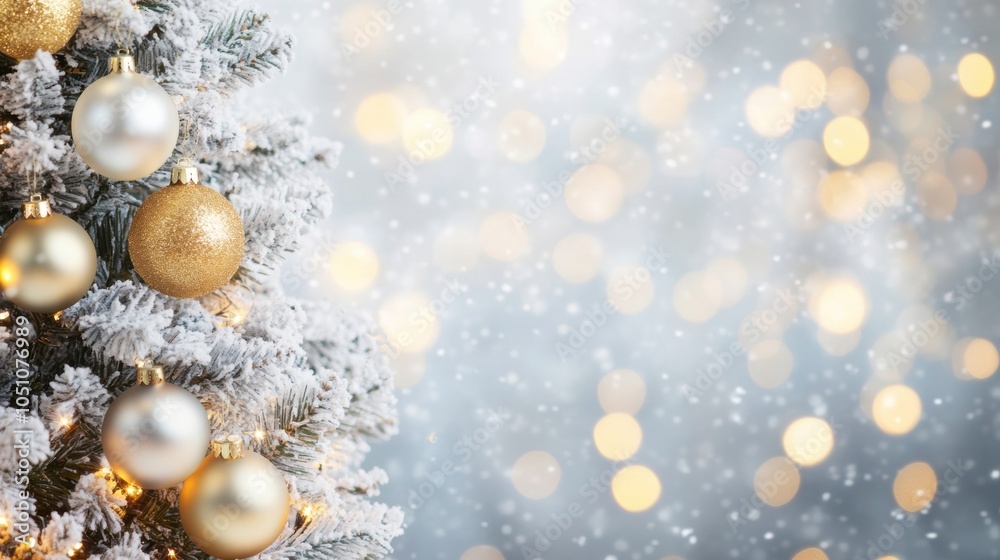 A snowy Christmas tree stands elegantly with golden ornaments, creating a festive atmosphere during the holiday season