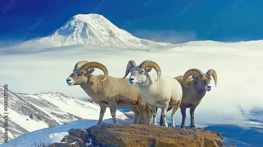 Naklejka premium Three bighorn sheep on a rocky peak with snow