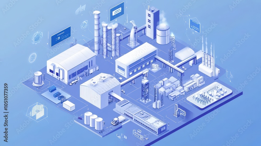 A blue and white image of a factory with a lot of machinery and vehicles
