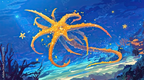 A Golden Octopus Swims Through a Starry Blue Ocean