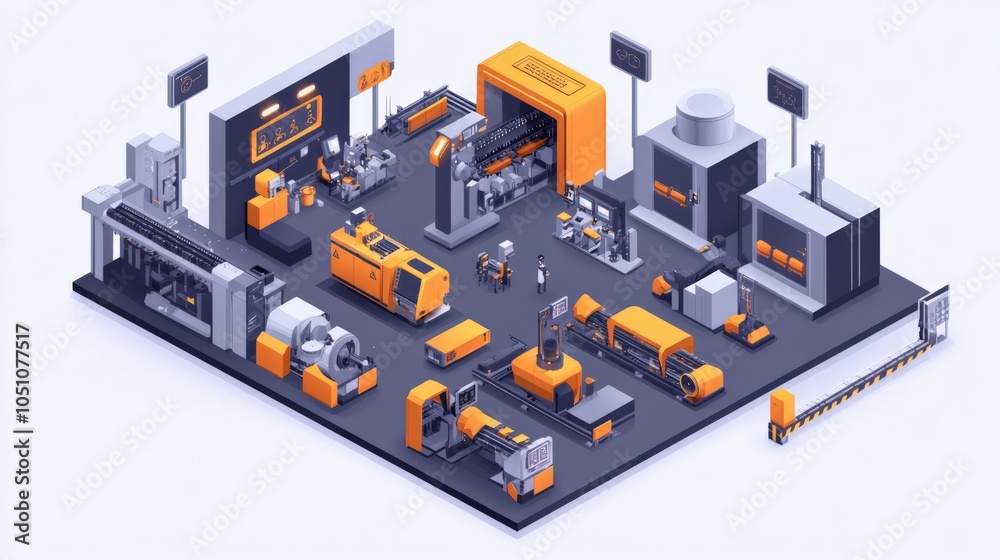 A computer generated image of a factory with many different machines and people A computer generated image of a factory with many different machines and people