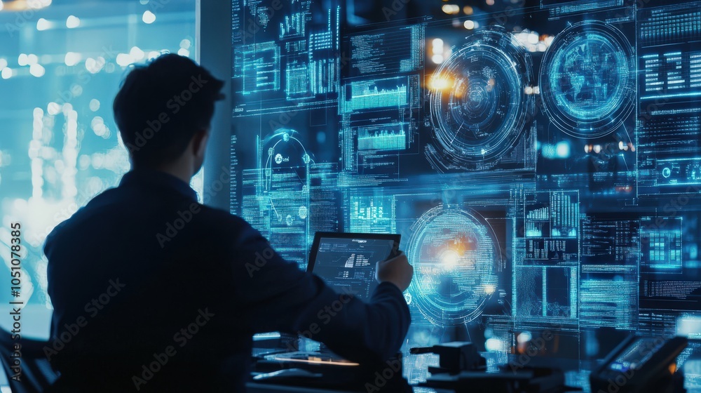 A man is sitting in front of a computer screen with a blue background A man is sitting in front of a computer screen with a blue background