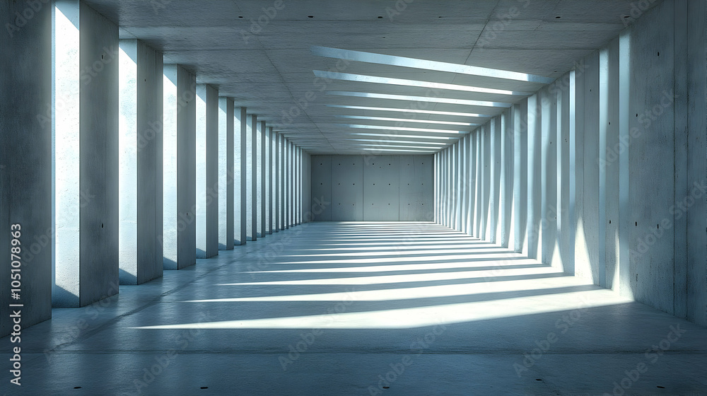 Fototapeta premium Abstract 3D Rendering of a Concrete Corridor with Sunbeams