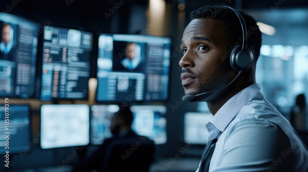 A customer service representative multitasking with a headset and multiple screens, in a busy office, with blank space for commercial text overlay, perfect for efficiency or productivity promotions A customer service representative multitasking with a headset and multiple screens, in a busy office, with blank space for commercial text overlay, perfect for efficiency or productivity promotions