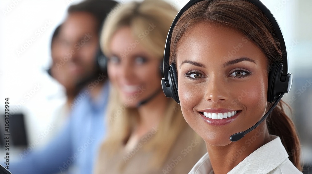 A group of customer service representatives working together in a bright office, all wearing headsets, with blank space for commercial text overlay, ideal for teamwork or collaborative promotions A group of customer service representatives working together in a bright office, all wearing headsets, with blank space for commercial text overlay, ideal for teamwork or collaborative promotions