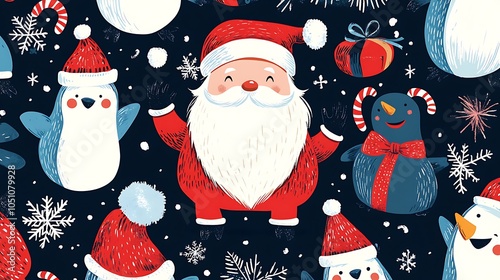 Adorable Santa Claus and Penguins Seamless Pattern Design
