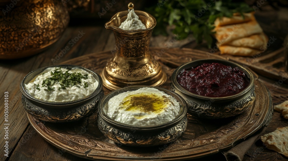 Fototapeta premium Traditional Eastern Dips with Seasonal Colors and Contrast