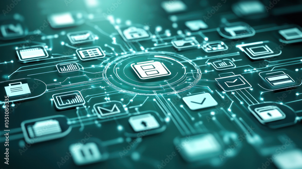 A computer network with many icons and a central icon. The icons are all connected to each other, forming a web-like pattern. Concept of a complex and interconnected system A computer network with many icons and a central icon. The icons are all connected to each other, forming a web-like pattern. Concept of a complex and interconnected system