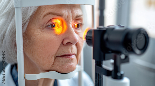 A woman is getting her eyes checked by a doctor. The doctor is using a machine to check her eyes