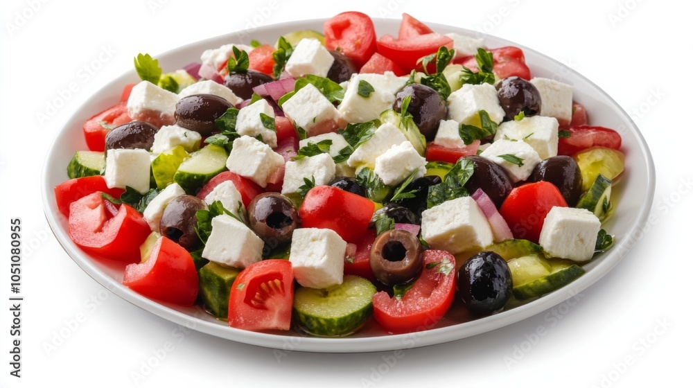 Fresh Salad with Olives and Feta on White Plate Fresh Salad with Olives and Feta on White Plate