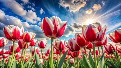A field of red and white tulips reaching toward the sun with a vibrant blue sky above