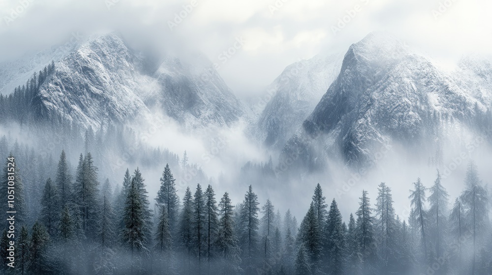 Obraz premium A misty mountain range with snow-covered peaks and evergreen trees.