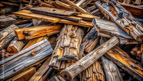 A chaotic arrangement of weathered wooden planks, revealing the intricate patterns of time and the elements