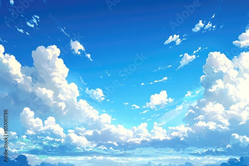 Blue Sky with White Fluffy Clouds, Beautiful Weather, Nature Scene, Summer Day, Sky Background,
