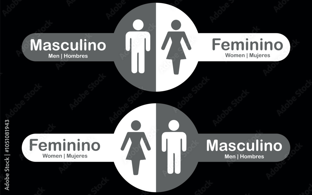 Placas Banheiro Masculino e Feminino Redondas nas cores Cinza e Branco