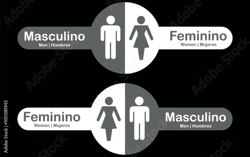 Placas Banheiro Masculino e Feminino Redondas nas cores Cinza e Branco