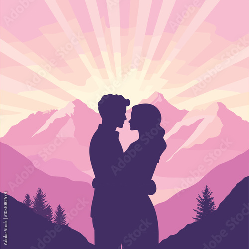 Silhouetted Couple Embracing at Sunset in the Mountains