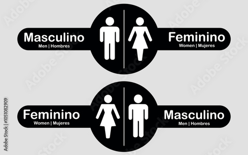 Placas Banheiro Masculino e Feminino Redondas na cor Preta com detalhes em Branco