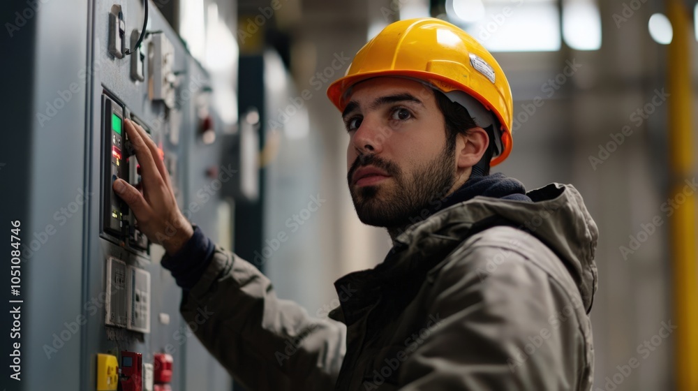 A man in a yellow hard hat is looking at a control panel A man in a yellow hard hat is looking at a control panel