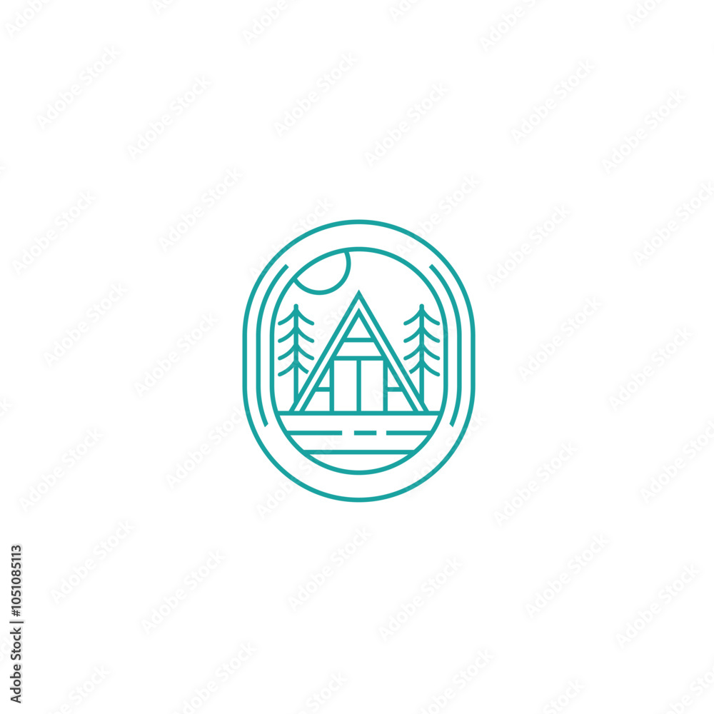 A minimalist line art logo featuring a triangular cabin nestled between two pine trees. The scene is framed within a circular border, with a sun and a line representing a lake or river A minimalist line art logo featuring a triangular cabin nestled between two pine trees. The scene is framed within a circular border, with a sun and a line representing a lake or river