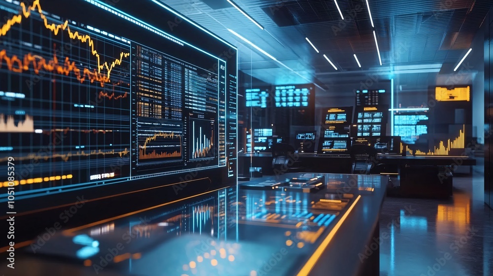 Futuristic Stock Market Trading Room with Financial Data Displays