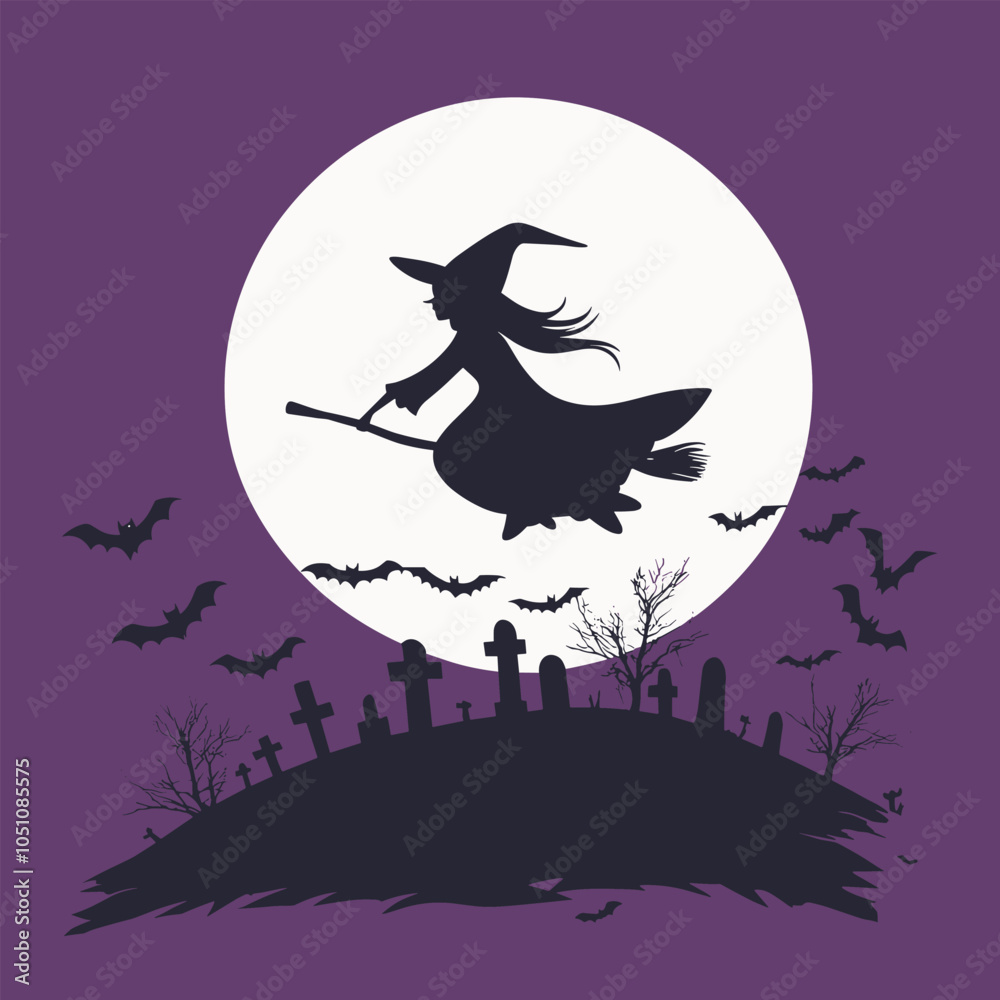 Witch Silhouette Against Full Moon with Bats Witch Silhouette Against Full Moon with Bats