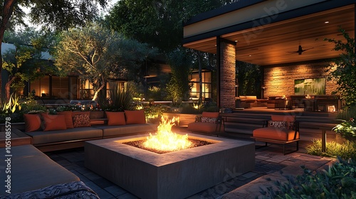 Cozy outdoor living space with fire pit surrounded by lush nature at dusk